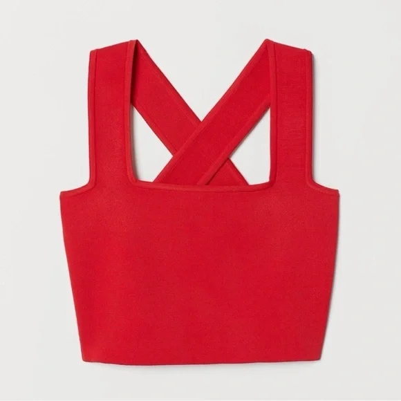 H&M Women Red Ribbed Cross Back Crop Top LARGE Preppy Bodycon Contemporary - Picture 1 of 8